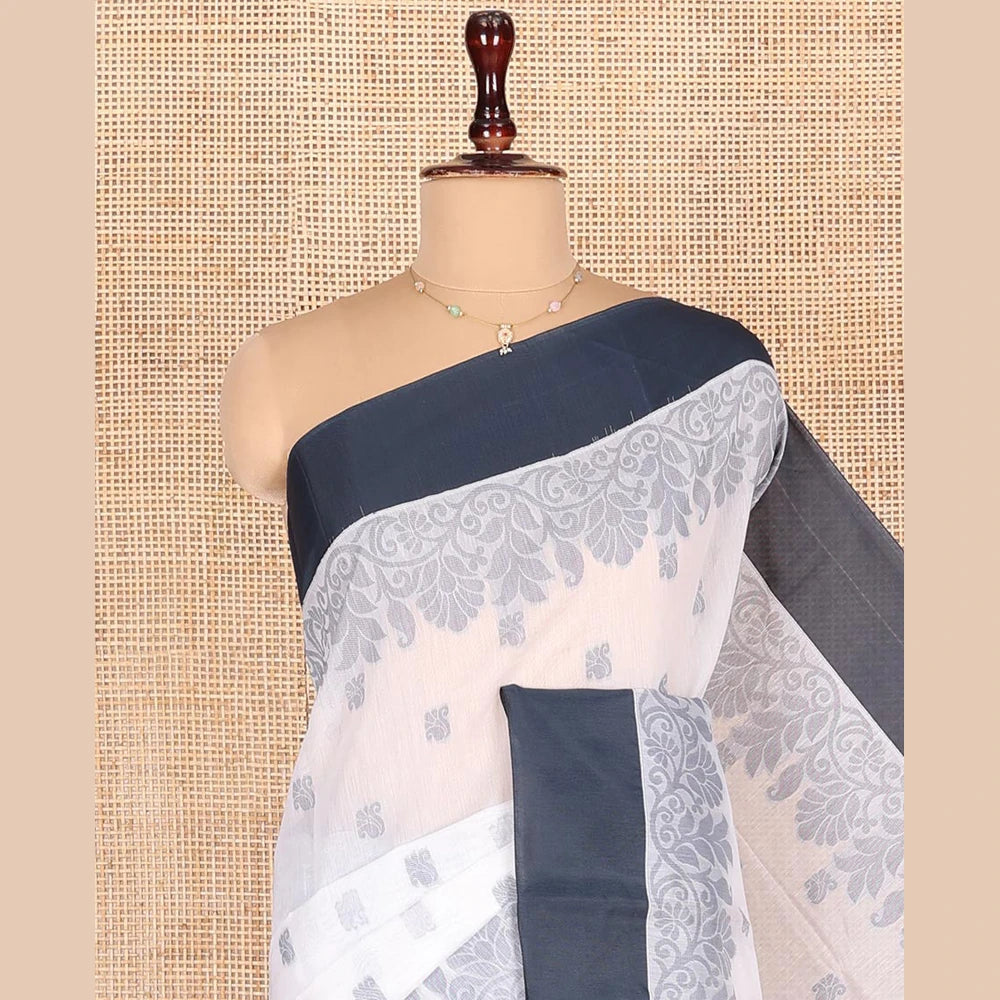 Pothys White Semi-Silk Cotton Saree with Floral Jaal Pallu
