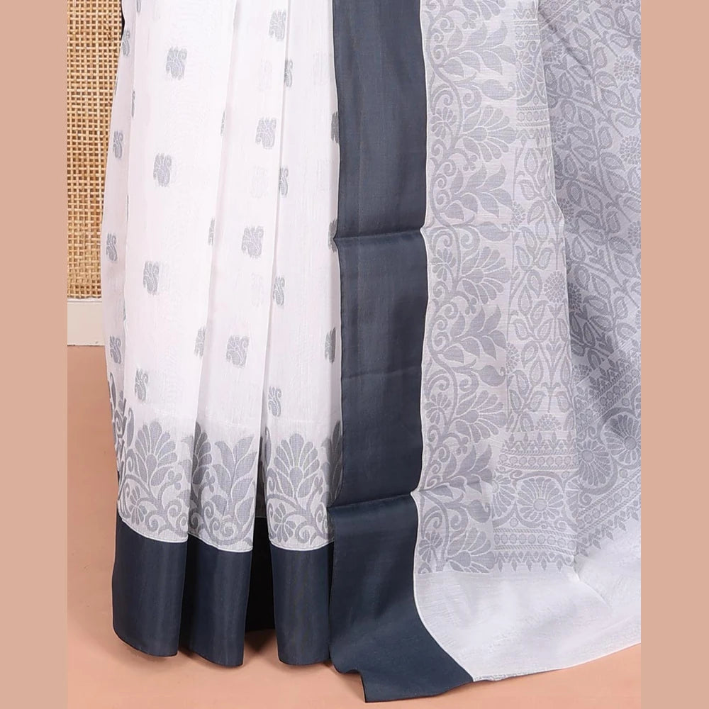 Pothys White Semi-Silk Cotton Saree with Floral Jaal Pallu
