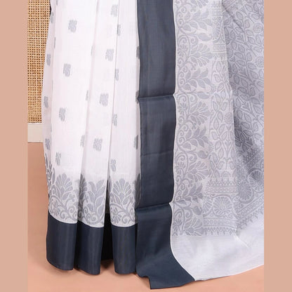Pothys White Semi-Silk Cotton Saree with Floral Jaal Pallu