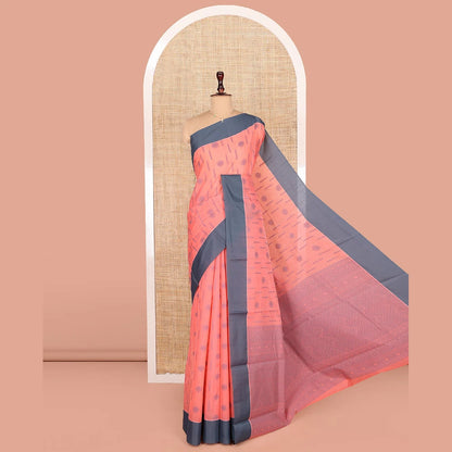 Pothys Peach Semi-Silk Cotton Saree, Sparsely Woven with Buttas All Over Its Body, Complemented by Contrast Border, Sparsely Woven Pallu of Geometric Designs, and Paired with a Matching Blouse