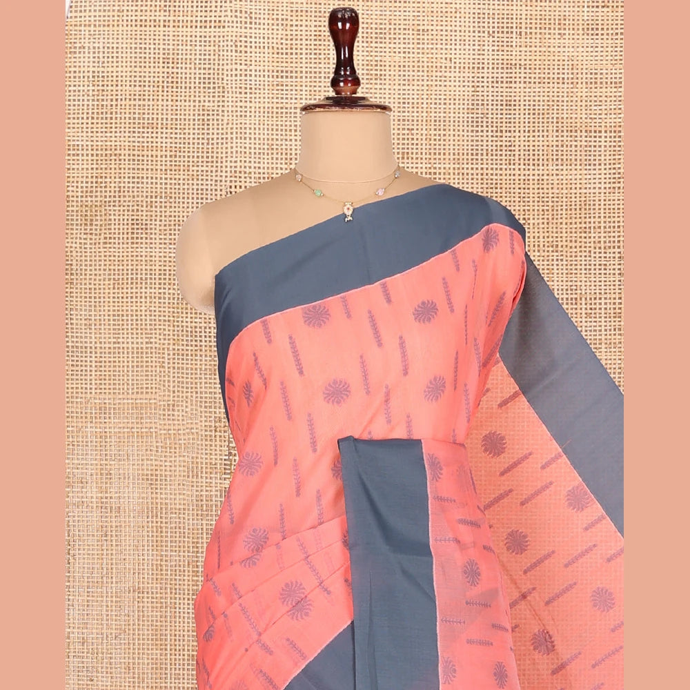 Pothys Peach Semi-Silk Cotton Saree, Sparsely Woven with Buttas All Over Its Body, Complemented by Contrast Border, Sparsely Woven Pallu of Geometric Designs, and Paired with a Matching Blouse