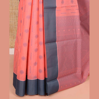 Pothys Peach Semi-Silk Cotton Saree, Sparsely Woven with Buttas All Over Its Body, Complemented by Contrast Border, Sparsely Woven Pallu of Geometric Designs, and Paired with a Matching Blouse