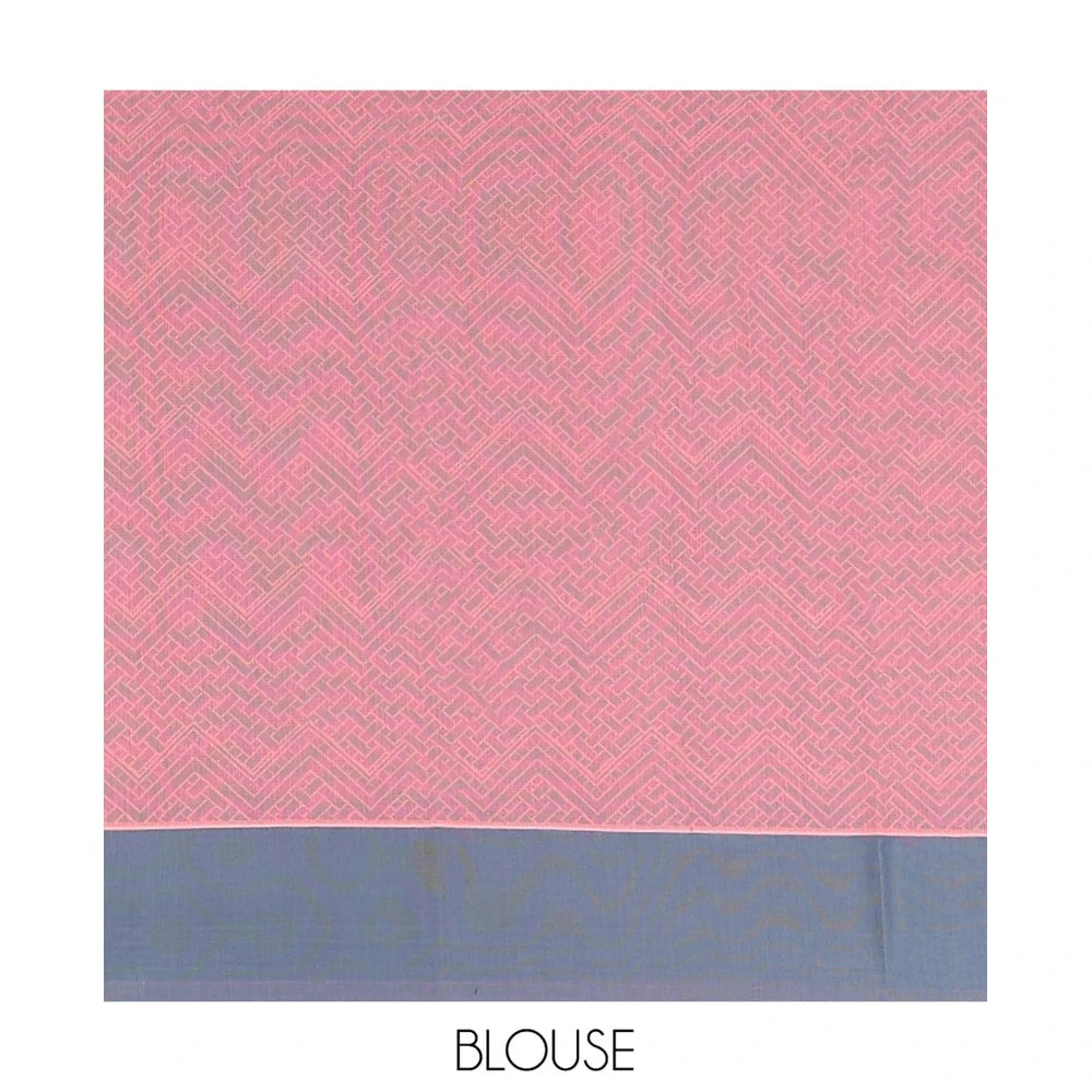 Pothys Peach Semi-Silk Cotton Saree, Sparsely Woven with Buttas All Over Its Body, Complemented by Contrast Border, Sparsely Woven Pallu of Geometric Designs, and Paired with a Matching Blouse