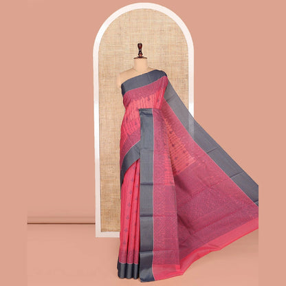 Pothys Red Semi-Silk Cotton Saree, Sparsely Woven with Buttas and Geometric Designs All Over Its Body, Complemented by Contrast Border, Sparsely Woven Pallu of Geometric Designs, and Paired with a Matching Blouse