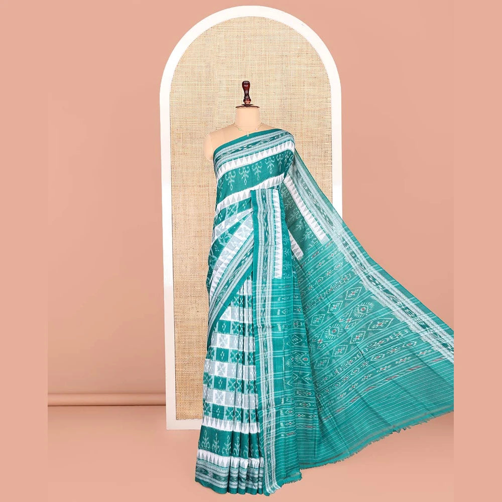 Pothys Blue Odisha Cotton Saree, Adorned with Butta Enclosed Checks and Temple Designs All Over the Body, Subtly Woven Border, Pallu Depicts Geometric Patterns, and Has No Blouse