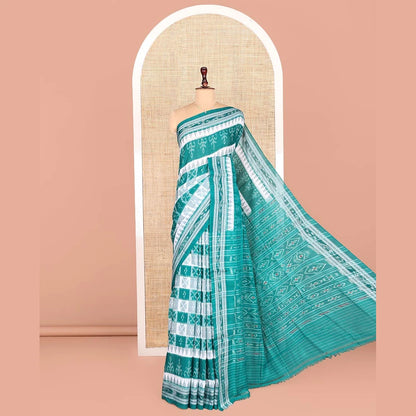 Pothys Blue Odisha Cotton Saree, Adorned with Butta Enclosed Checks and Temple Designs All Over the Body, Subtly Woven Border, Pallu Depicts Geometric Patterns, and Has No Blouse