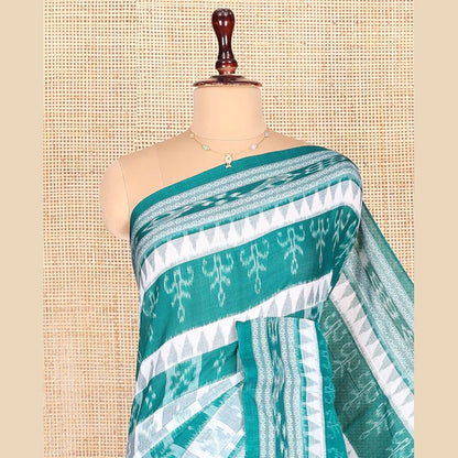 Pothys Blue Odisha Cotton Saree, Adorned with Butta Enclosed Checks and Temple Designs All Over the Body, Subtly Woven Border, Pallu Depicts Geometric Patterns, and Has No Blouse