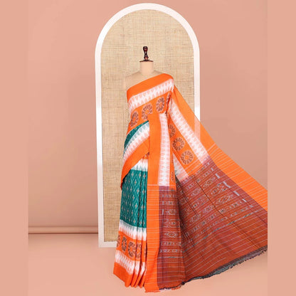 Pothys Green Odisha Cotton Saree Featuring Jaal Patterns All Over the Body, Complemented by a Contrast Temple Border of Floral Designs, Pallu Features Diamond Patterns in a Hazily Woven, and Has No Blouse