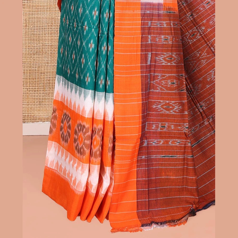 Pothys Green Odisha Cotton Saree with Floral Temple Border