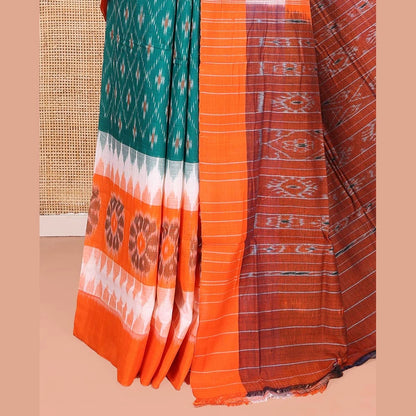 Pothys Green Odisha Cotton Saree with Floral Temple Border