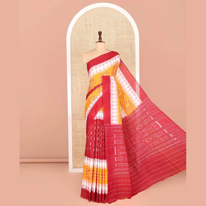 Pothys Red Odisha Cotton Saree Featuring Jaal Patterns All Over the Body, Complemented by a Contrast Temple Border of Floral Designs, Pallu Features Diamond Patterns in a Hazily Woven, and Has No Blouse