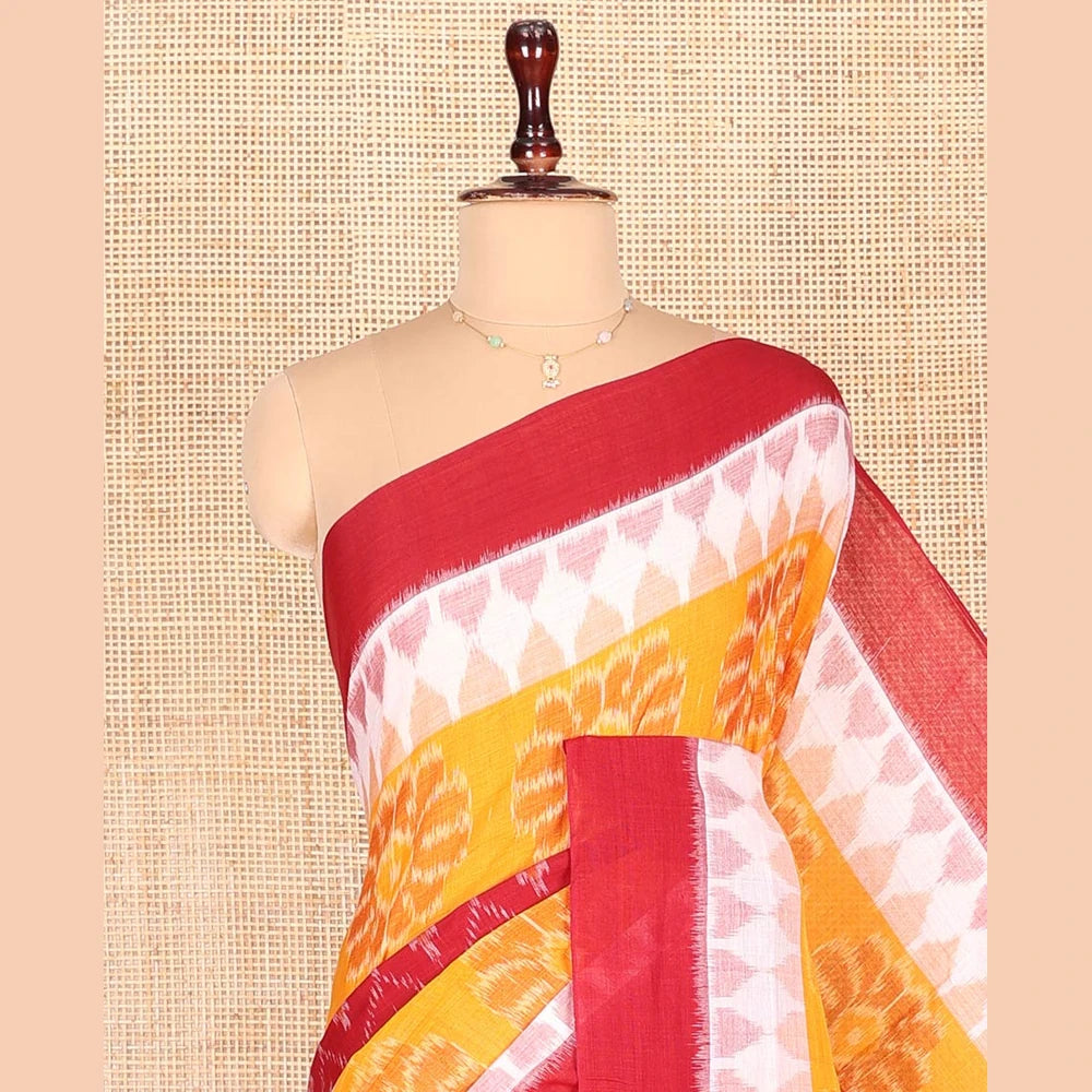 Pothys Red Odisha Cotton Saree with Floral Temple Border