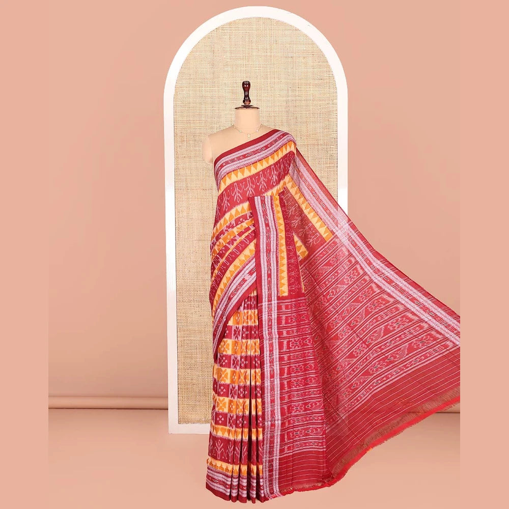 Pothys Red Odisha Cotton Saree, Elevated with Butta Enclosed Checks and Temple Designs All Over the Body, Subtly Woven Border, Pallu Depicts Geometric Patterns, and Has No Blouse