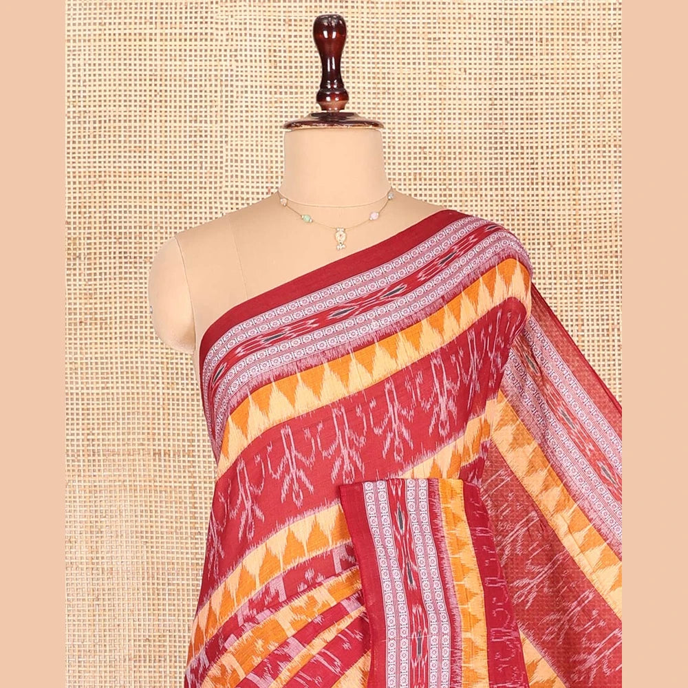 Pothys Red Odisha Cotton Saree, Elevated with Butta Enclosed Checks and Temple Designs All Over the Body, Subtly Woven Border, Pallu Depicts Geometric Patterns, and Has No Blouse