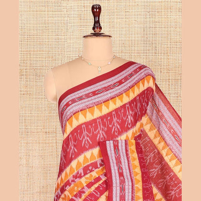 Pothys Red Odisha Cotton Saree, Elevated with Butta Enclosed Checks and Temple Designs All Over the Body, Subtly Woven Border, Pallu Depicts Geometric Patterns, and Has No Blouse