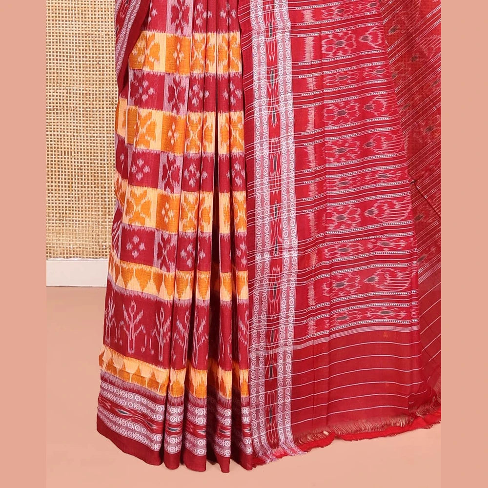 Pothys Red Odisha Cotton Saree, Elevated with Butta Enclosed Checks and Temple Designs All Over the Body, Subtly Woven Border, Pallu Depicts Geometric Patterns, and Has No Blouse