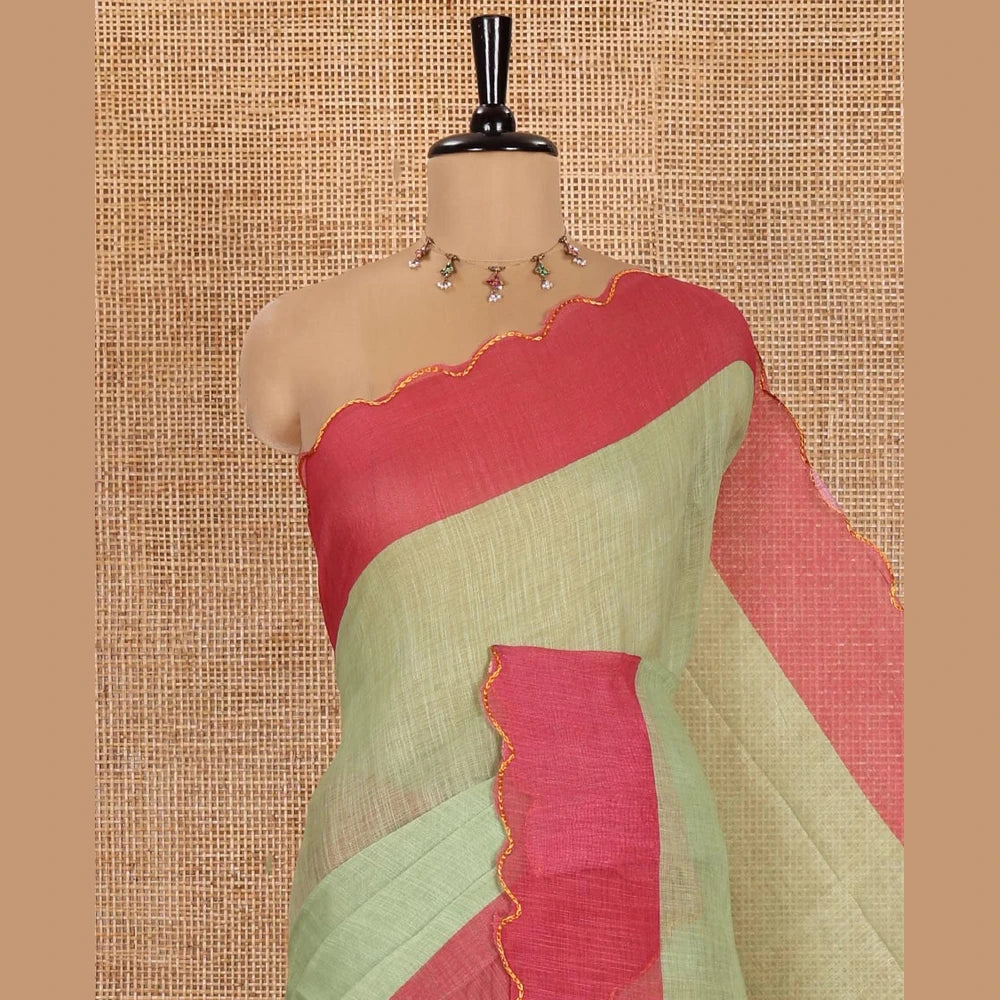 Pothys Green Plain Linen Cotton Saree, Complemented by Contrast Scallop Border, Plain Pallu, and Paired with a Contrast Floral Printed Mirror Embroidered Blouse