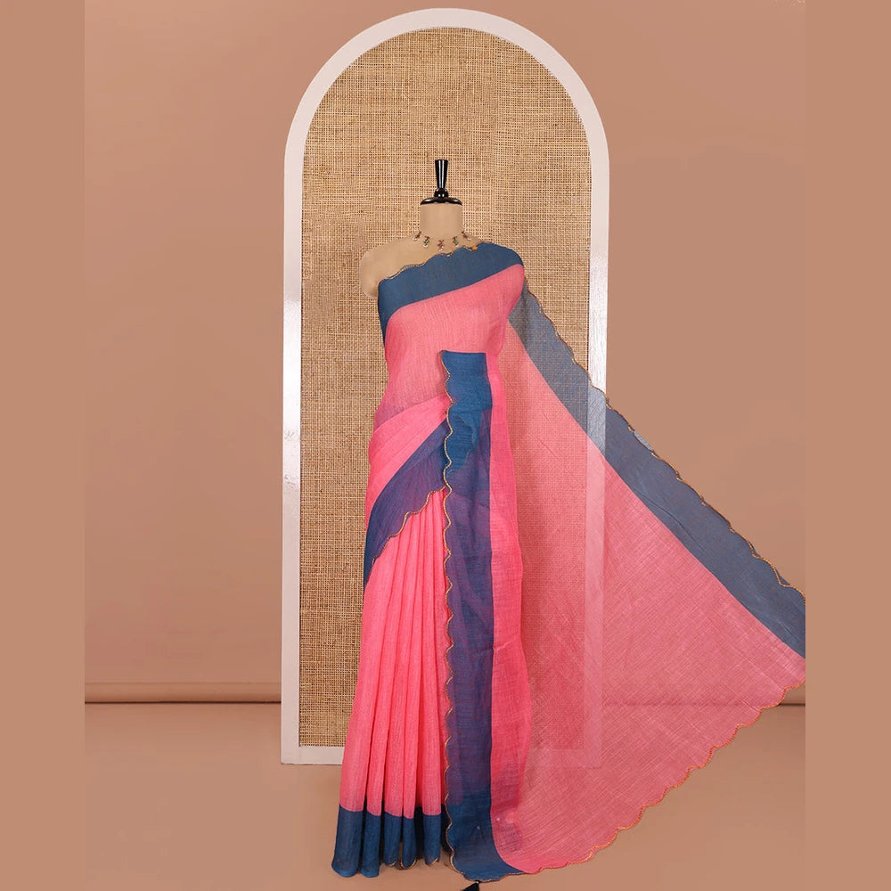 Pothys Pink Plain Linen Cotton Saree, Complemented by Contrast Scallop Border, Plain Pallu, and Paired with a Contrast Floral Printed Mirror Embroidered Blouse