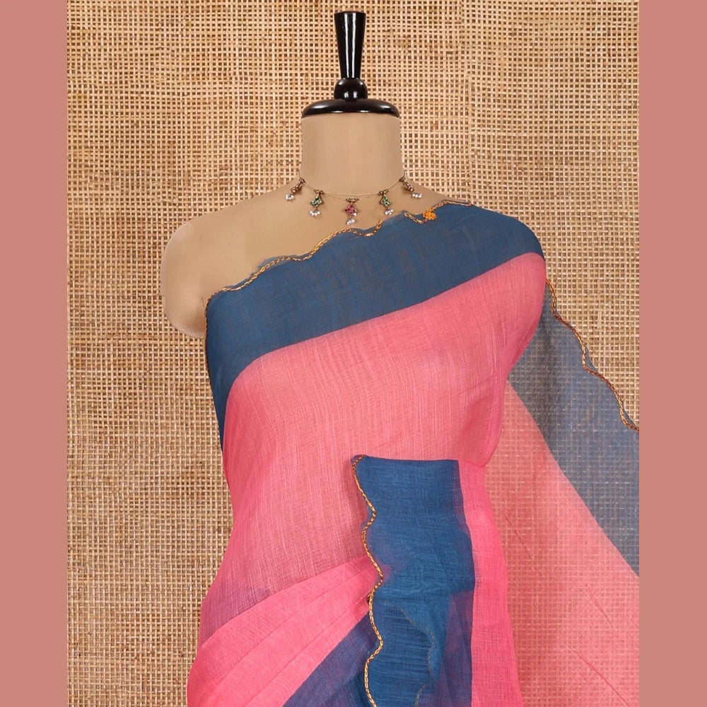 Pothys Pink Plain Linen Cotton Saree, Complemented by Contrast Scallop Border, Plain Pallu, and Paired with a Contrast Floral Printed Mirror Embroidered Blouse