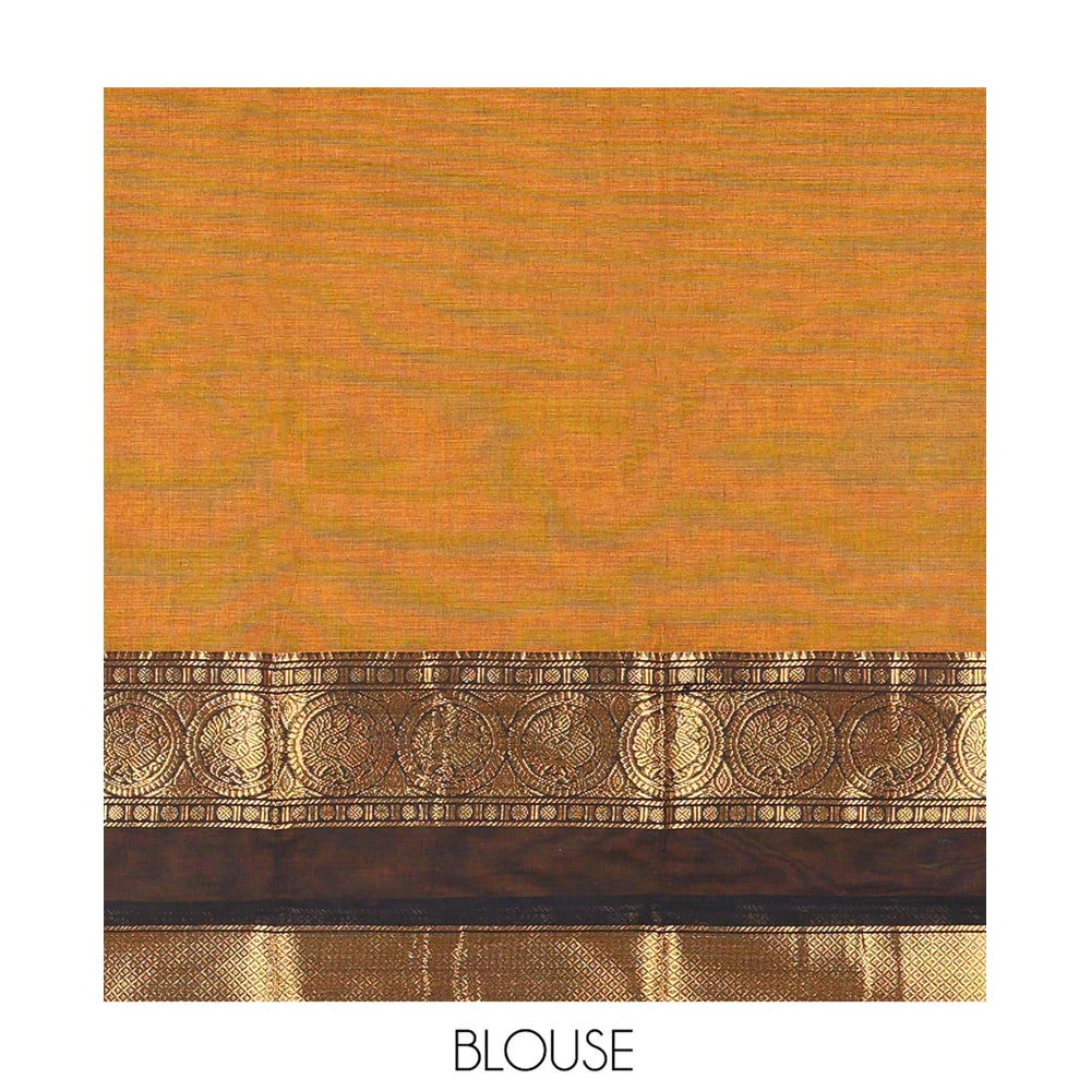 Pothys Gold Plain Chettinad Cotton Saree, Complemented by a Contrast Rettai Pettu Traditional Border of Round Peacock Designs, Striped Pallu, and Paired with a Matching Blouse