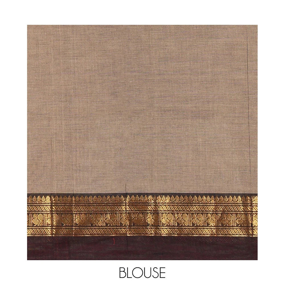 Pothys Light Brown Plain Chettinad Cotton Saree, Complemented by a Contrast Kal Erangina Traditional Zari Border of Peacock Designs, Subtly Striped Pallu, and Paired with a Matching Blouse