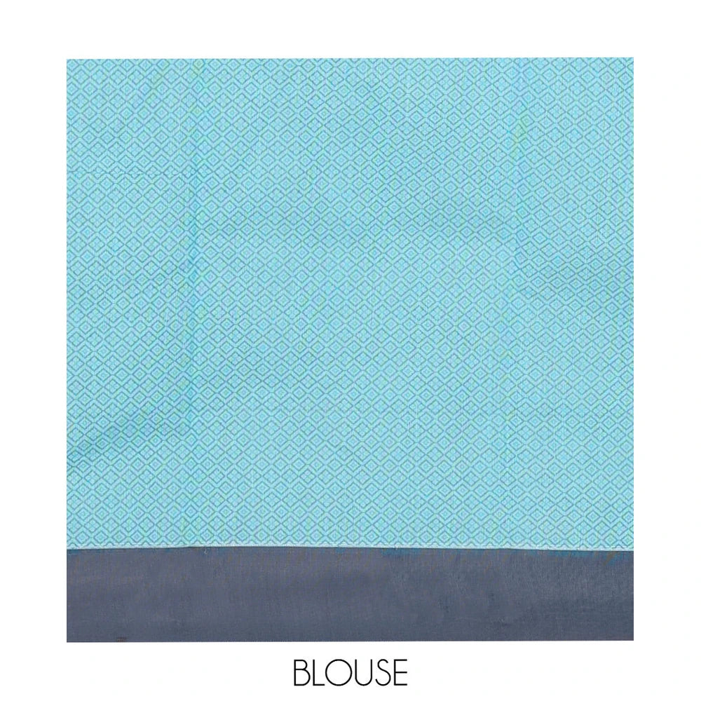 Pothys Blue Semi-Silk Cotton Saree, Subtly Adorned with Buttas on Its Body, Complemented by Contrast Border, Sparsely Designed Pallu of Geometric Designs, and Paired with a Matching Blouse