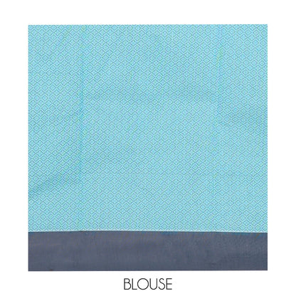 Pothys Blue Semi-Silk Cotton Saree, Subtly Adorned with Buttas on Its Body, Complemented by Contrast Border, Sparsely Designed Pallu of Geometric Designs, and Paired with a Matching Blouse