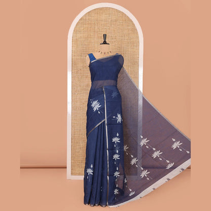 Pothys Navy Blue Blue Linen Cotton Saree, Beautified with Pichwai Lotus Motifs Print, Subtle Piping Border, Pallu Mirrors the Same Pichwai Lotus Print, and Paired with a Contrast Pichwai Lotus Printed Blouse