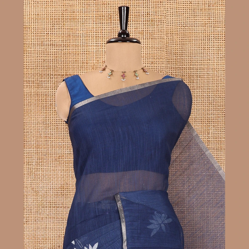 Pothys Navy Blue Linen Cotton Saree with Pichwai Lotus Print