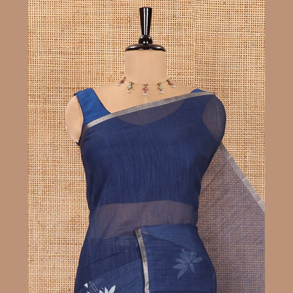 Pothys Navy Blue Linen Cotton Saree with Pichwai Lotus Print