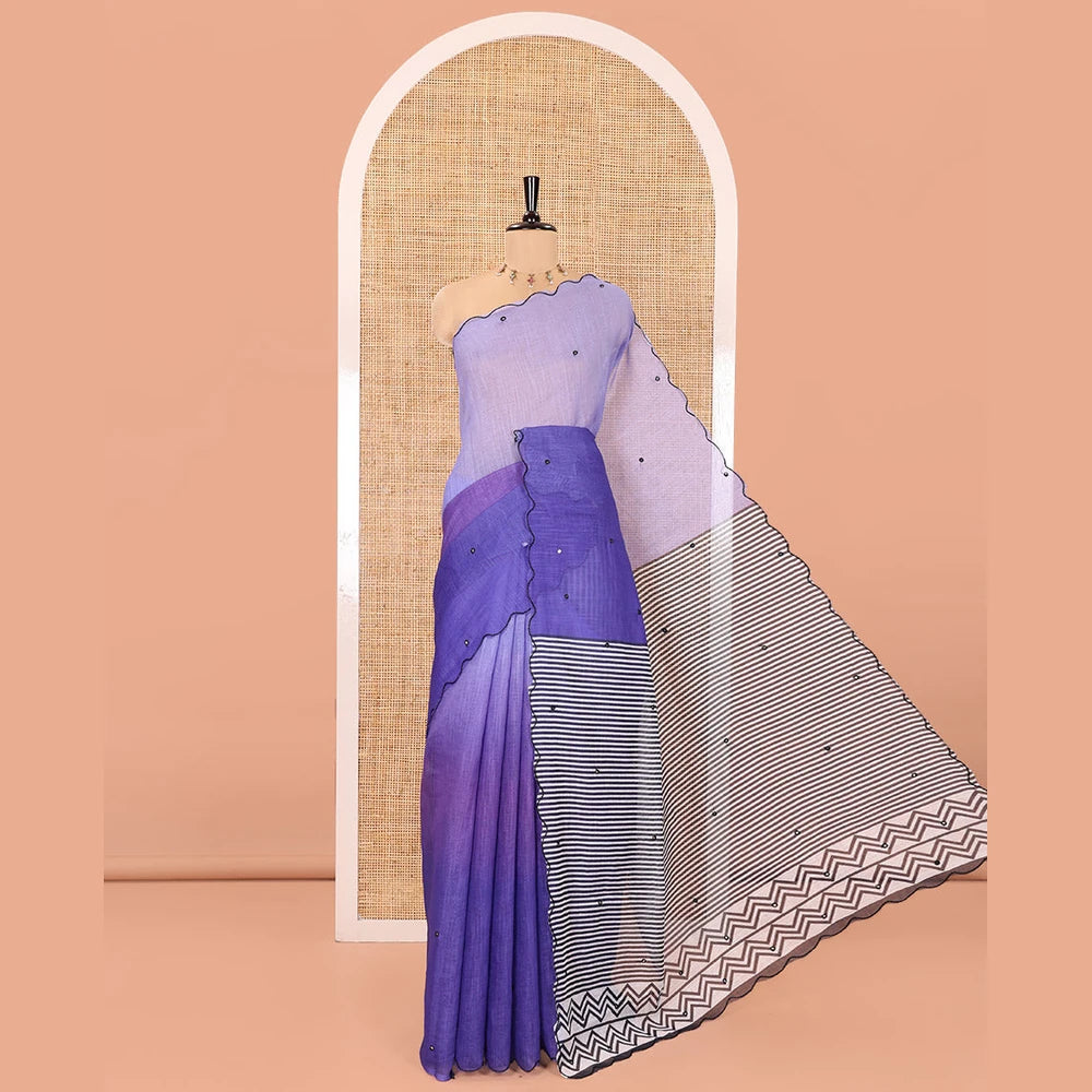 Pothys Lavender-Violet Linen Cotton Saree, Beautified with Ombre-Style Dyed with Mirror Work Across Its Body, Subtly Sparkled Scallop Thread Border, Pallu Steeped with Stripes and Mirror Work, and Paired with a Contrast Vertical Stripes Printed Blouse