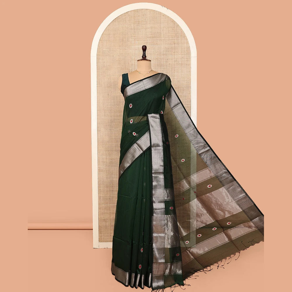 Pothys Green Maheshwari Cotton Saree, Bedecked with Meena Buttas All Over Its Body, Highlighted by a Traditional Zari Woven Border, Pallu Steeped with Gleaming Zari Stripes and Buttas, and Paired with a Matching Blouse