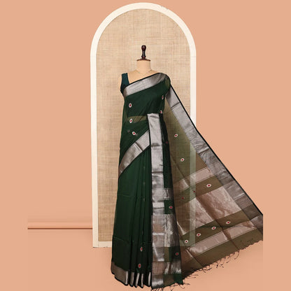 Pothys Green Maheshwari Cotton Saree, Bedecked with Meena Buttas All Over Its Body, Highlighted by a Traditional Zari Woven Border, Pallu Steeped with Gleaming Zari Stripes and Buttas, and Paired with a Matching Blouse