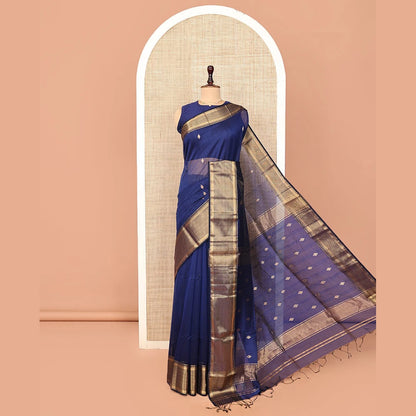 Pothys Blue Maheshwari Cotton Saree, Beautified with Zari Buttas on Its Body, Highlighted by Zari Border of Chevron Designs, Pallu Steeped with Zari Buttas, and Paired with a Matching Blouse