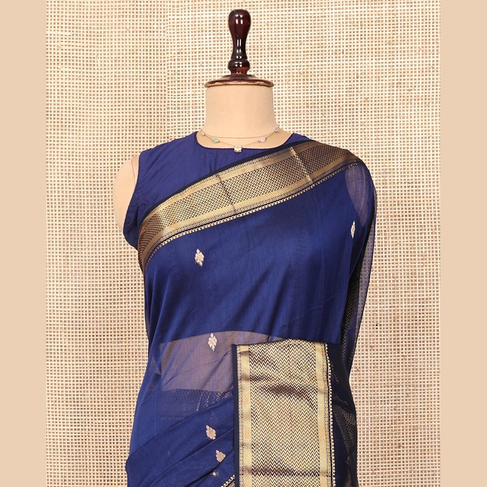 Pothys Blue Maheshwari Cotton Saree, Beautified with Zari Buttas on Its Body, Highlighted by Zari Border of Chevron Designs, Pallu Steeped with Zari Buttas, and Paired with a Matching Blouse