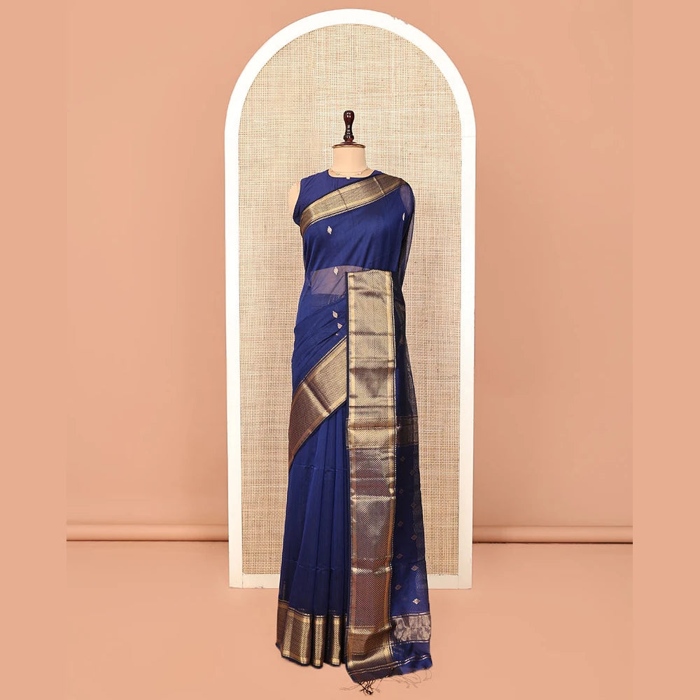 Pothys Blue Maheshwari Cotton Saree, Beautified with Zari Buttas on Its Body, Highlighted by Zari Border of Chevron Designs, Pallu Steeped with Zari Buttas, and Paired with a Matching Blouse