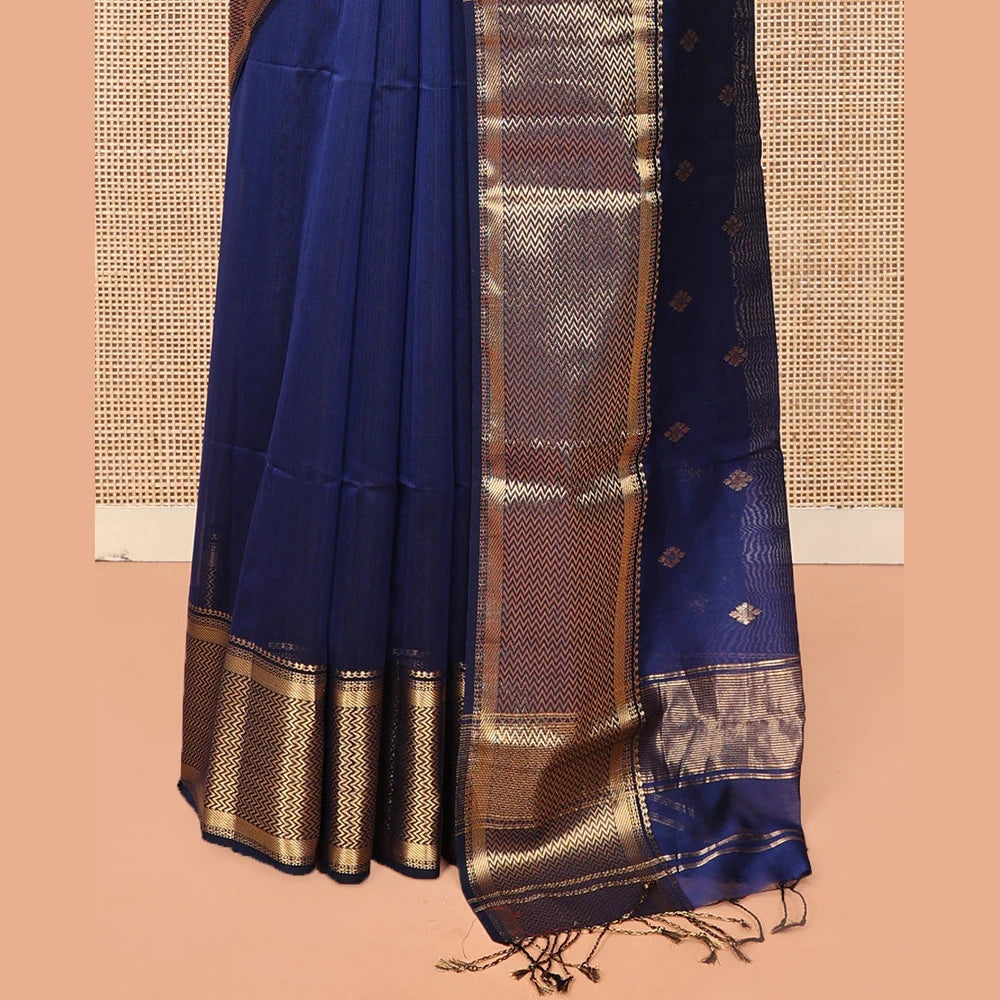 Pothys Blue Maheshwari Cotton Saree, Beautified with Zari Buttas on Its Body, Highlighted by Zari Border of Chevron Designs, Pallu Steeped with Zari Buttas, and Paired with a Matching Blouse