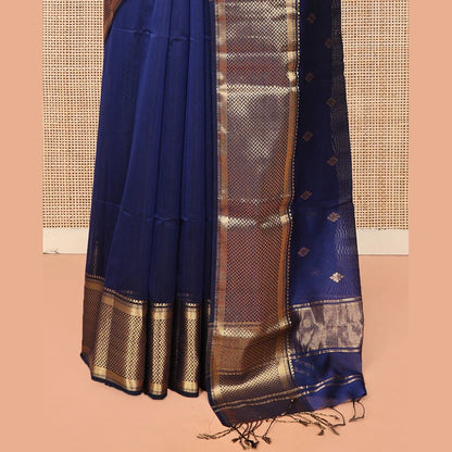 Pothys Blue Maheshwari Cotton Saree, Beautified with Zari Buttas on Its Body, Highlighted by Zari Border of Chevron Designs, Pallu Steeped with Zari Buttas, and Paired with a Matching Blouse