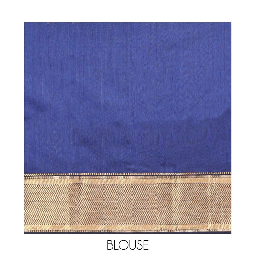 Pothys Blue Maheshwari Cotton Saree, Beautified with Zari Buttas on Its Body, Highlighted by Zari Border of Chevron Designs, Pallu Steeped with Zari Buttas, and Paired with a Matching Blouse