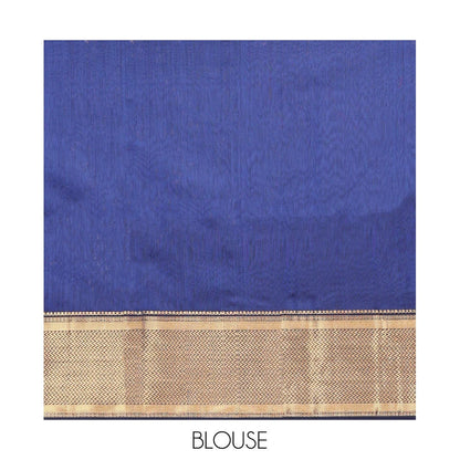 Pothys Blue Maheshwari Cotton Saree, Beautified with Zari Buttas on Its Body, Highlighted by Zari Border of Chevron Designs, Pallu Steeped with Zari Buttas, and Paired with a Matching Blouse
