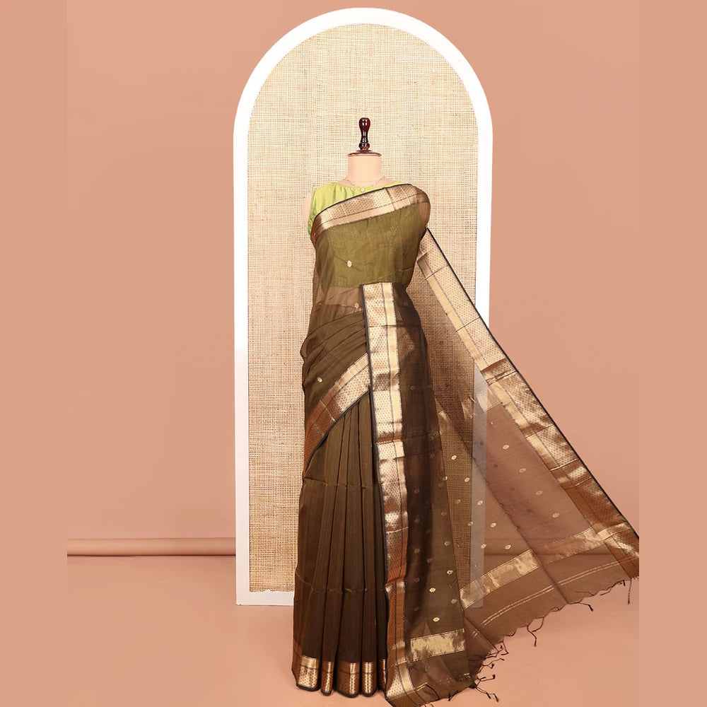 Pothys Green Maheshwari Cotton Saree, Decorated with Buttas All Over Its Body, Highlighted by a Zari Traditional Design Border, Pallu Steeped with Buttas, and Paired with a Matching Blouse