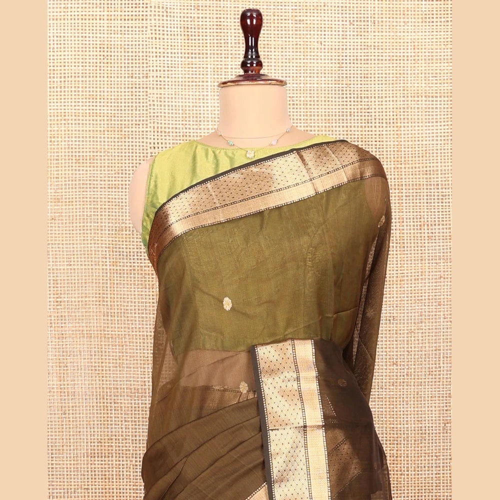 Pothys Green Maheshwari Cotton Saree, Decorated with Buttas All Over Its Body, Highlighted by a Zari Traditional Design Border, Pallu Steeped with Buttas, and Paired with a Matching Blouse