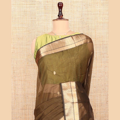 Pothys Green Maheshwari Cotton Saree, Decorated with Buttas All Over Its Body, Highlighted by a Zari Traditional Design Border, Pallu Steeped with Buttas, and Paired with a Matching Blouse