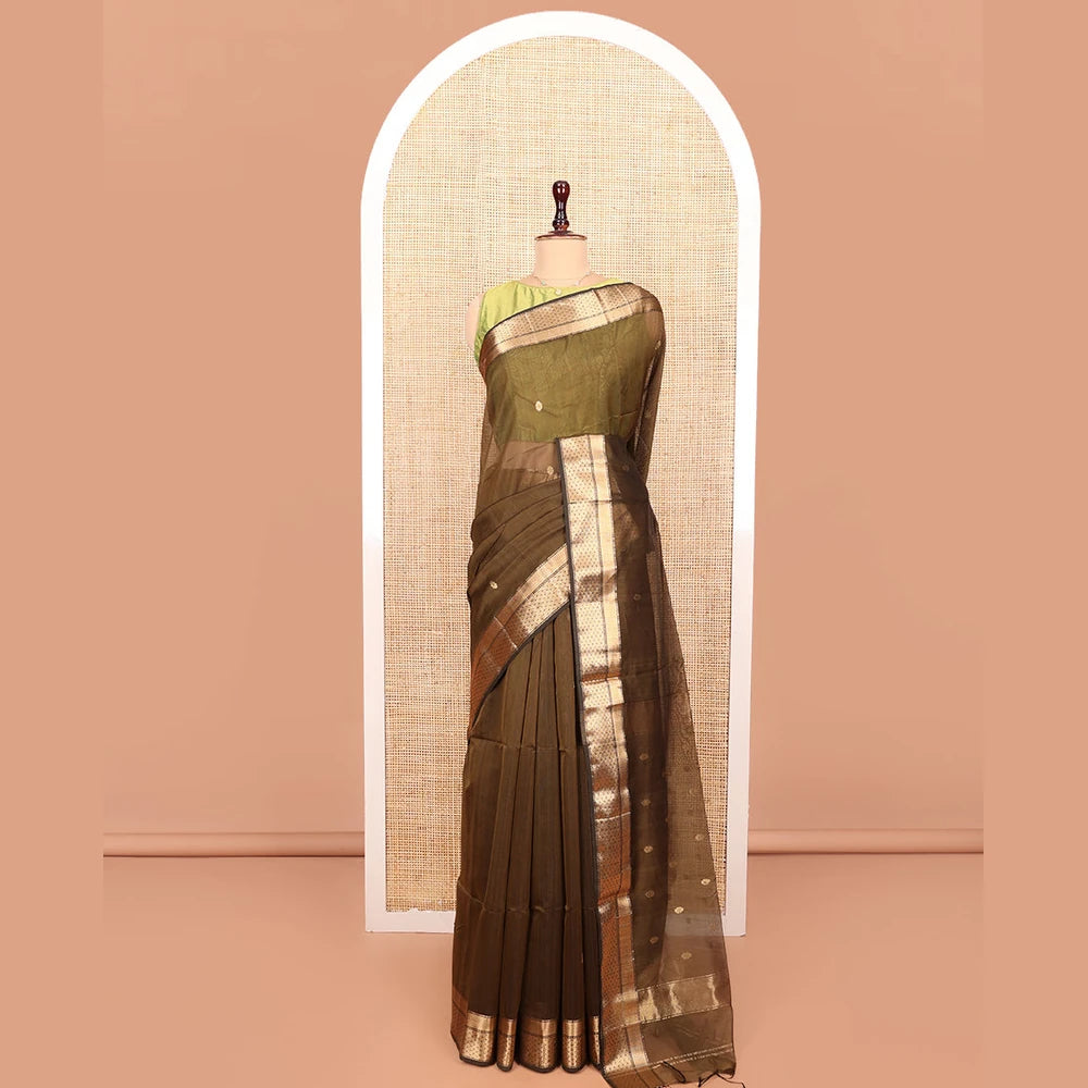 Pothys Green Maheshwari Cotton Saree, Decorated with Buttas All Over Its Body, Highlighted by a Zari Traditional Design Border, Pallu Steeped with Buttas, and Paired with a Matching Blouse