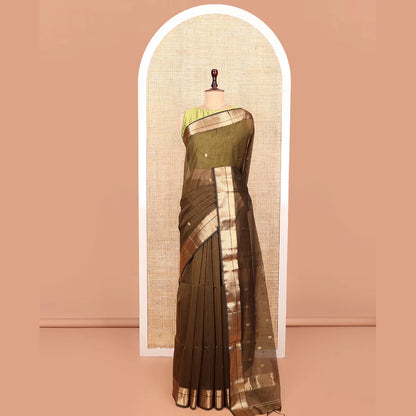 Pothys Green Maheshwari Cotton Saree, Decorated with Buttas All Over Its Body, Highlighted by a Zari Traditional Design Border, Pallu Steeped with Buttas, and Paired with a Matching Blouse
