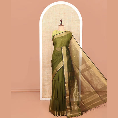 Pothys Green Maheshwari Cotton Saree, Beautifully Bedecked with Buttas All Over Its Body, Highlighted by a Zari Traditional Design Border, Pallu Gleamed Up with Zari Stripes, and Paired with a Matching Blouse