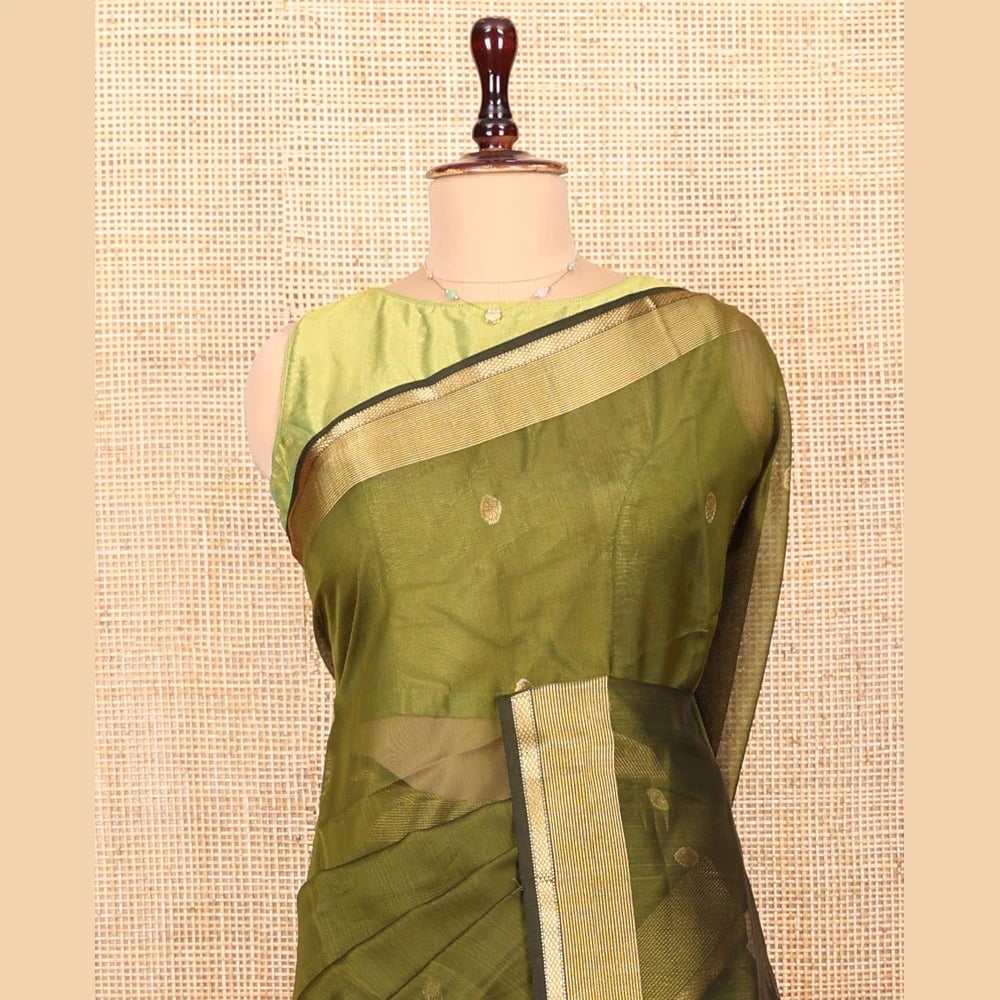 Pothys Green Maheshwari Cotton Saree with Zari Border & Matching Blouse