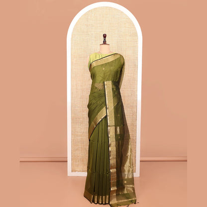 Pothys Green Maheshwari Cotton Saree with Zari Border & Matching Blouse