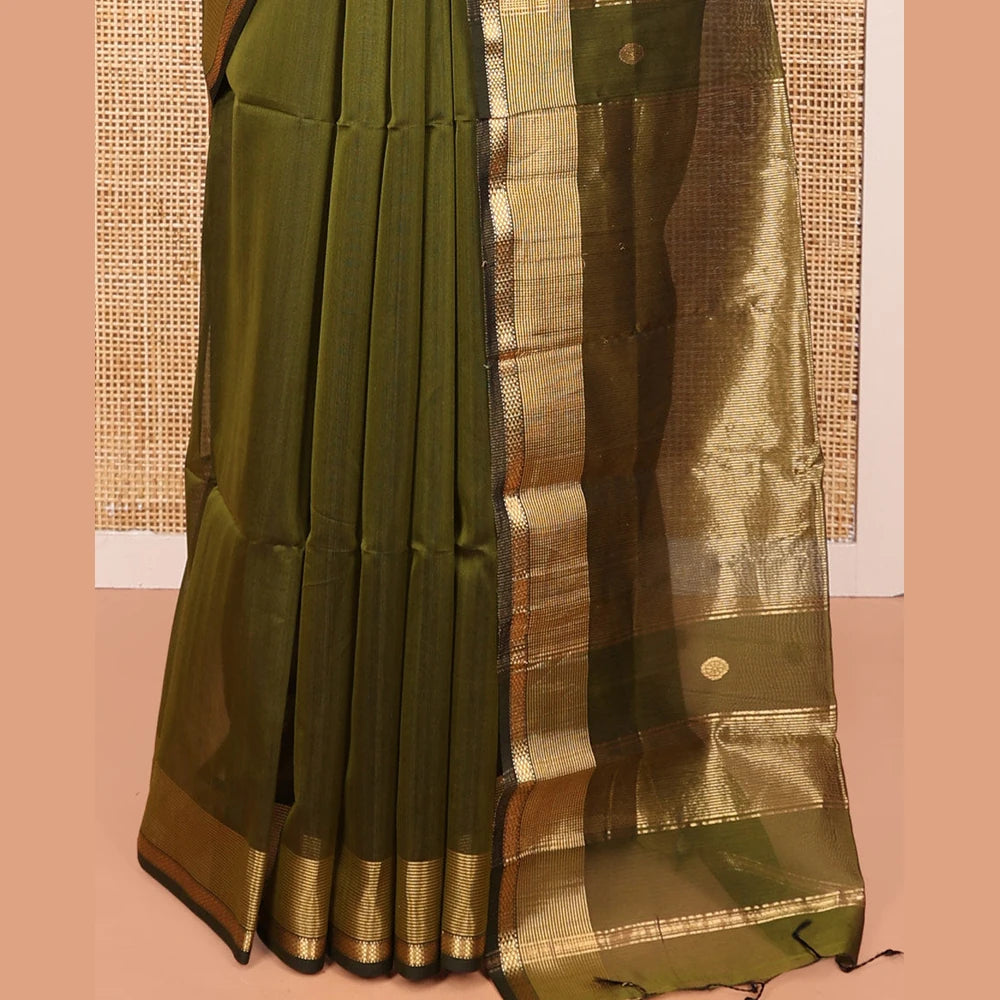 Pothys Green Maheshwari Cotton Saree with Zari Border & Matching Blouse