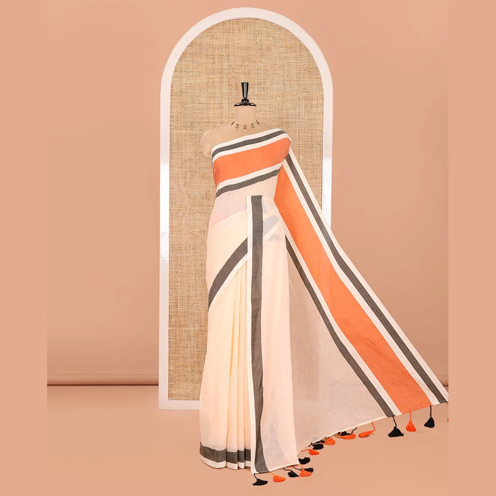 Pothys Cream Plain Khadi Mul Cotton Saree, Complemented by Contrast Orange Border, Self-Pallu, and Paired with a Matching Blouse